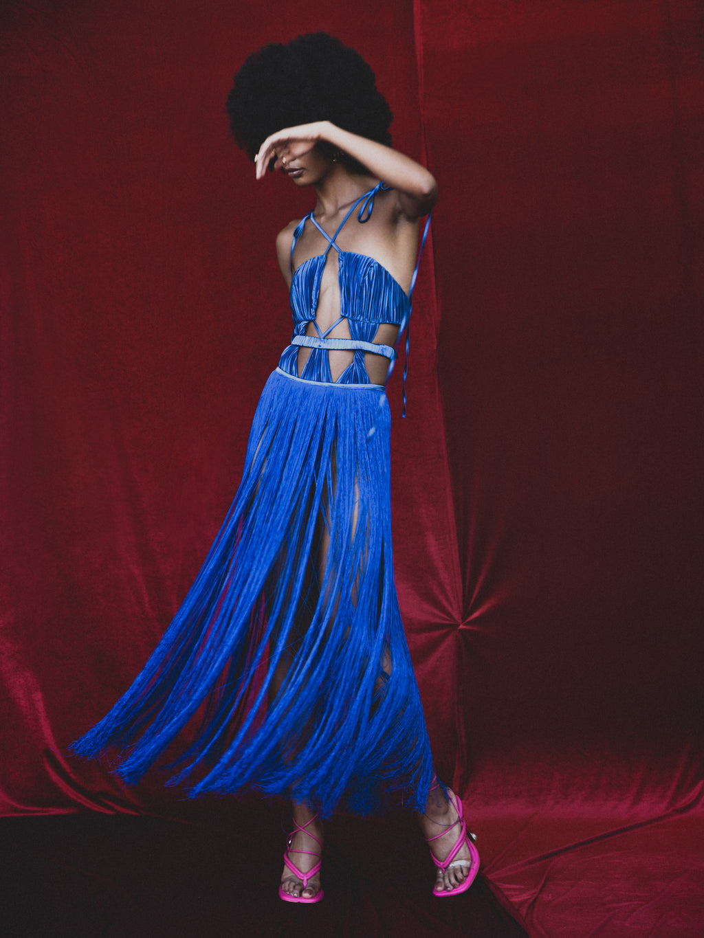 Gia fringe cutout stretch peau de soie midi dress
